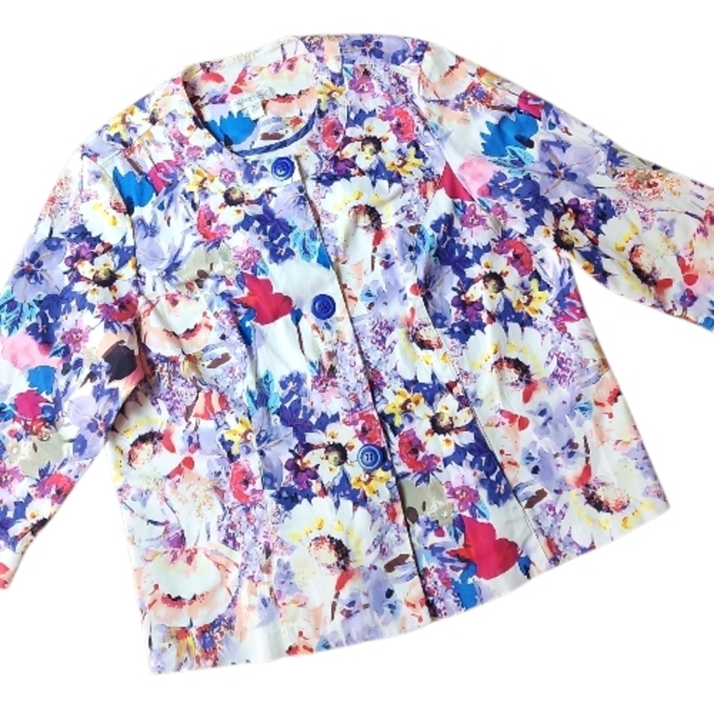 COLDWATER CREEK | Colorful Watercolor Floral Cotton Chunky Button Jacket | 20‎